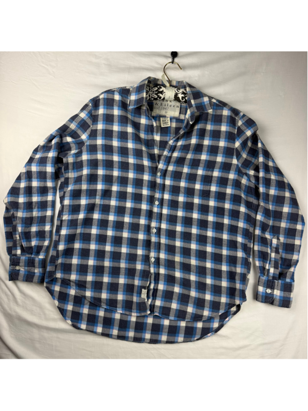 Frank & Eileen Flannel Shirt Medium Blue Plaid Italian USA Loose Fit Button Up